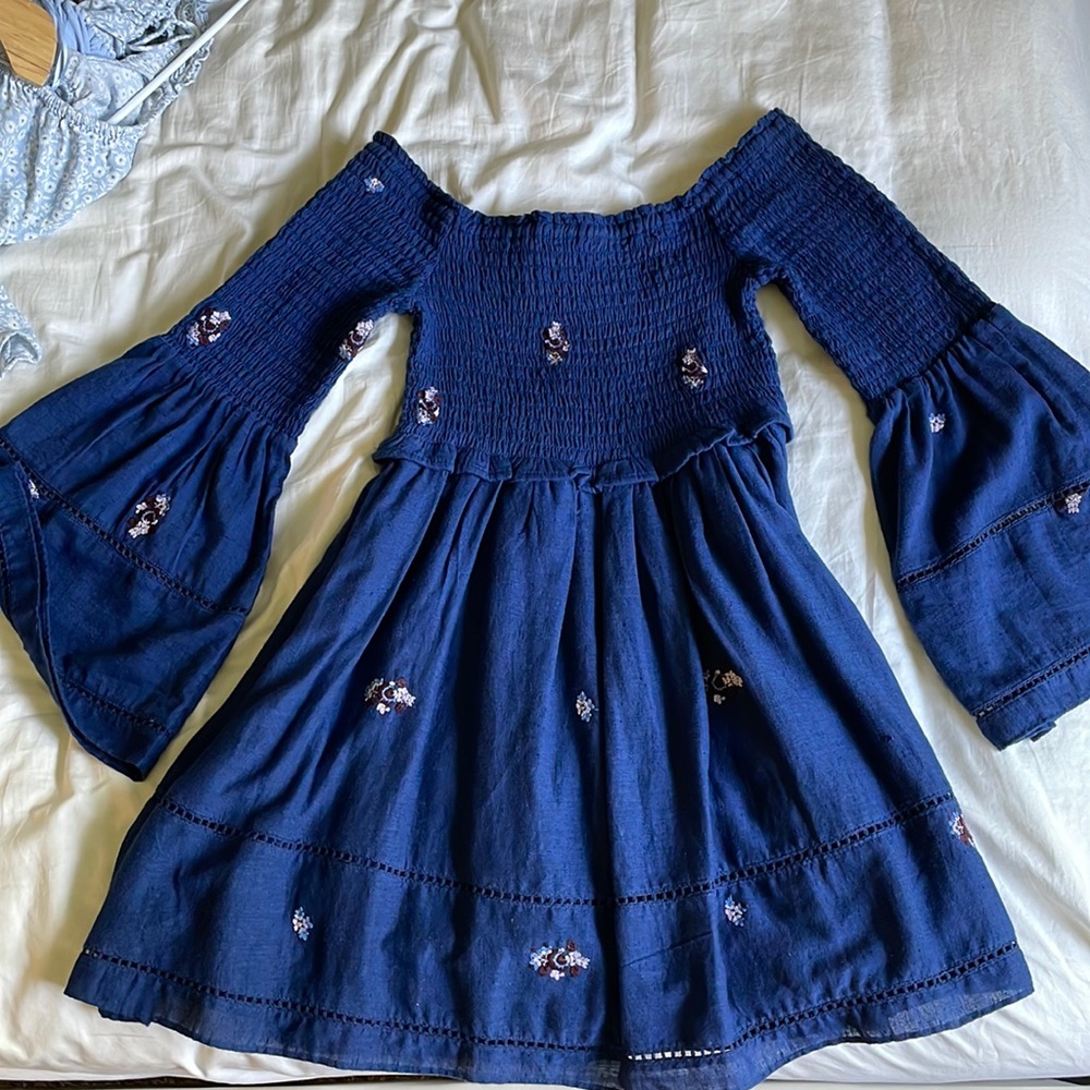 Free People Off-Shoulder Navy Blue Embroidered Bell-Sleeve Dress